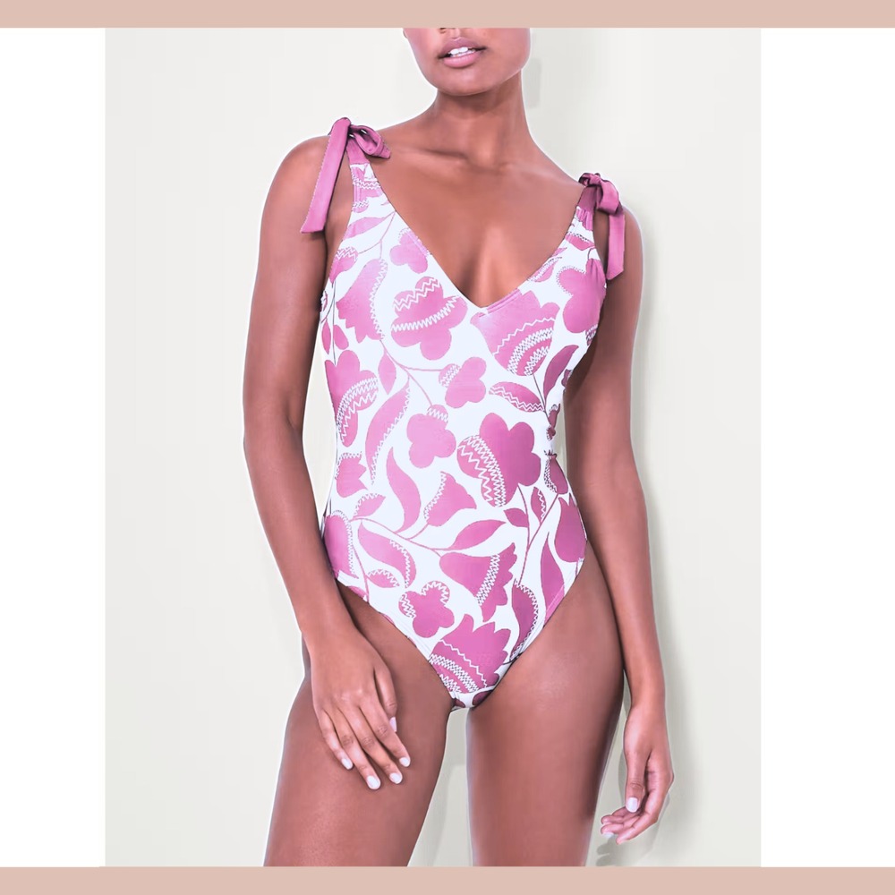 NEW $148 Kate Spade [ XL ] Shoulder Bow Tie V-Neck One‎ Piece Swimsuit Pink 6952